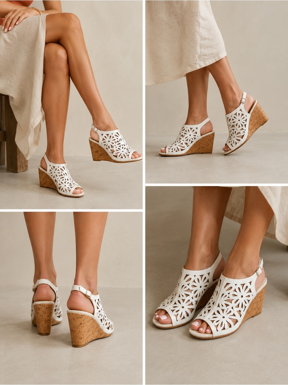 Pierre Dumas White Laser-Cut Cork Wedge Sandals size 7.5